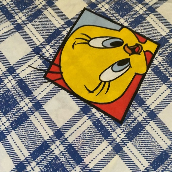 Vintage 1995 Looney Tunes Warner Bros. Character Plaid Blue WhiteTwin Flat Sheet - Picture 9 of 10